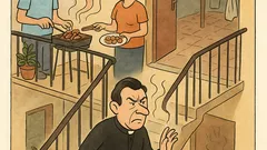 Banc: Un preot urcă scările blocului